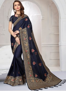Exceptional Blue Embroidered Satin Silk Designer Saree