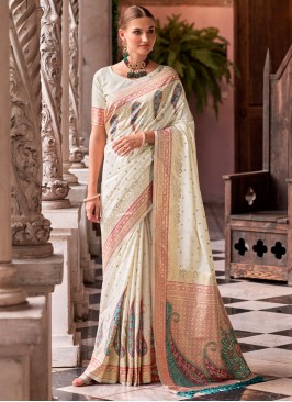 Exceptional Silk Weaving White Trendy Saree