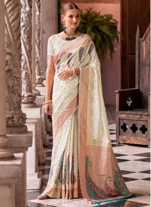 Exceptional Silk Weaving White Trendy Saree