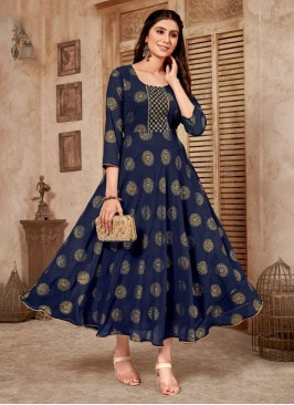 Exciting Embroidered Navy Blue Pure Georgette Trendy Gown