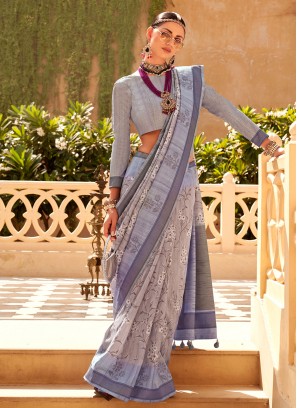 Exciting Navy Blue Foil Print Raw Silk Classic Saree