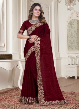 Exciting Satin Silk Embroidered Maroon Trendy Sare