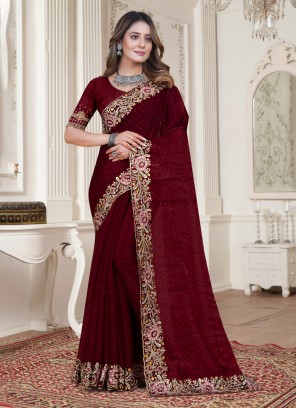 Exciting Satin Silk Embroidered Maroon Trendy Saree