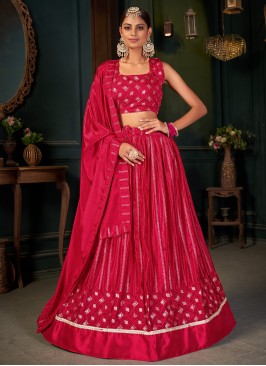 Exclusive Red Embroidered Chinon Festive Wear Lehe