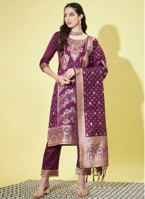 Exotic Jacquard Work Purple Cotton Silk Readymade Salwar Suit