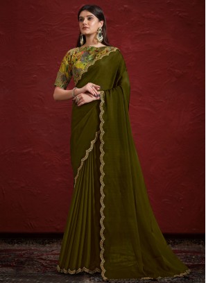 Exquisite Crepe Silk Green Cutwork Classic Saree