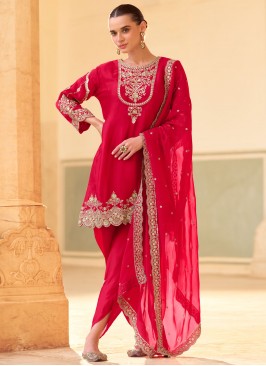 Exquisite Crepe Silk Rani and Red Sequins Designer Salwar Kameez