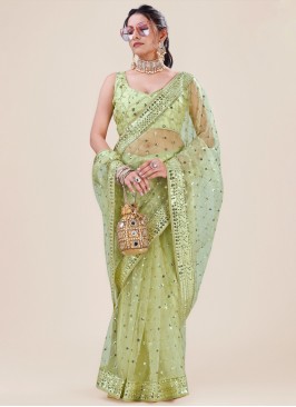 Exquisite Net Green Sequins Classic Saree