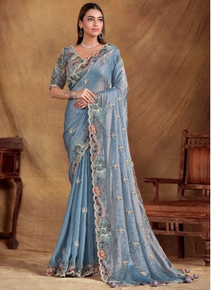 Extraordinary Blue Sequins Satin Silk Contemporary Saree