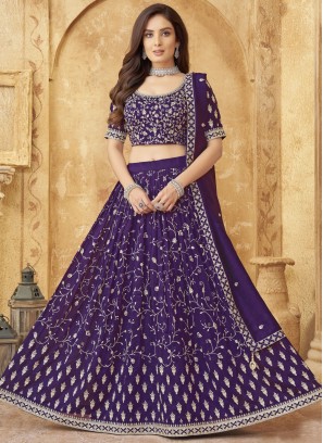 Exuberant Embroidered Silk Blue and Violet Readymade Lehenga Choli