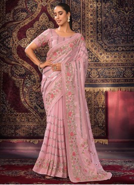 Exuberant Georgette Pink Sequins Trendy Saree