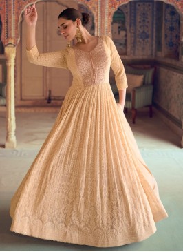 Exuberant Pure Georgette Peach Sequins Readymade Trendy Gown 