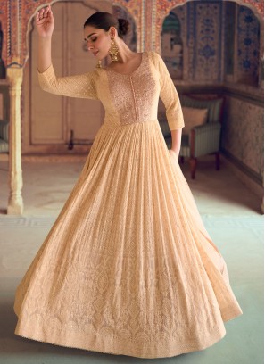 Exuberant Pure Georgette Peach Sequins Readymade Trendy Gown 