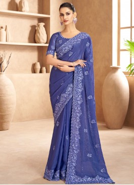 Exuberant Satin Stone Blue Classic Saree