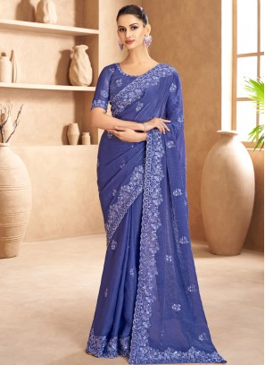 Exuberant Satin Stone Blue Classic Saree