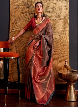 Fab Brown Weaving Handloom silk Classic Saree