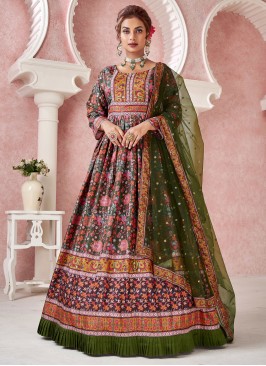 Fabulous Mahendi Embroidered Festive Wear Gown WIt