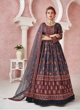 Fabulous Blue Embroidered Festive Wear Gown WIth D
