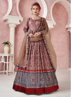 Fabulous Maroon Embroidered Festive Wear Gown WIth Dupatta