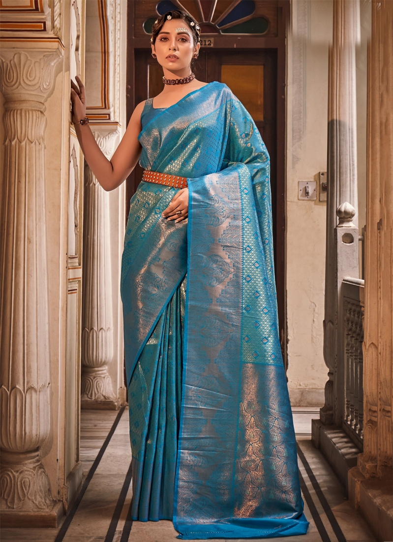 Teal Blue Color Dolla Silk Saree For Women