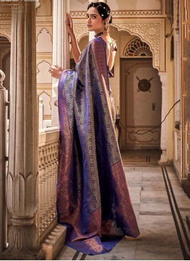 Fabulous Royal Blue Pure Silk Wovwn Designed Weddi