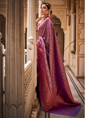 Fabulous Purple Pure Silk Wovwn Designed Wedding Wear Saree