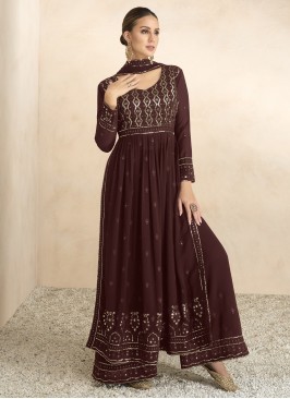 Fanciable Brown Embroidered Georgette Festive Wear