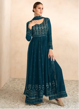 Fanciable Teal Embroidered Georgette Festive Wear 