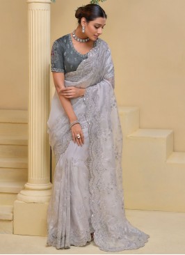 Fancy Fabric Contemporary Saree in Grey