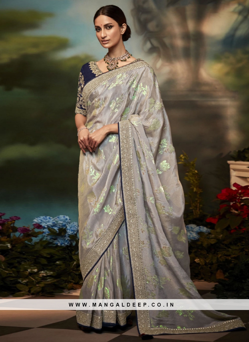 Buy Oracle Silk Fabric Embroidered Saree in Silver Color Online - SREV3290  | Appelle Fashion