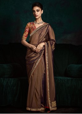 Fancy Fabric Embroidered Classic Saree in Brown