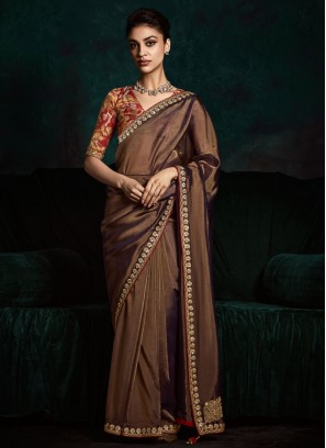 Fancy Fabric Embroidered Classic Saree in Brown