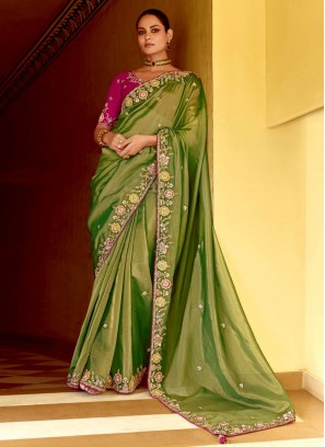 Fancy Fabric Green Embroidered Classic Saree