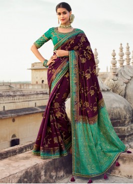 Fancy Fabric Lace Brown and Green Contemporary Saree