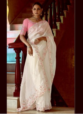 Fancy Fabric Stone White Contemporary Saree