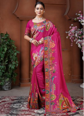 Fancy pure-dola Designer Saree in Rani