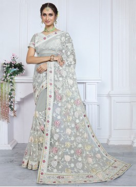 Fantastic Net Grey Embroidered Contemporary Saree