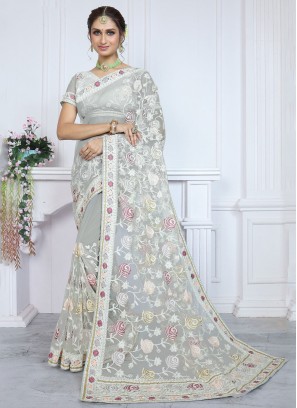 Fantastic Net Grey Embroidered Contemporary Saree