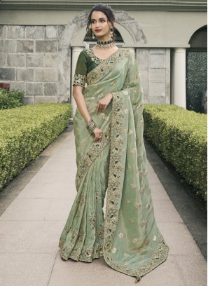 Fantastic Sea Green Embroidered Tussar Silk Designer Saree