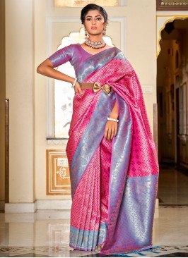 Fascinating Banarasi Silk Jacquard Work Pink Contemporary Saree