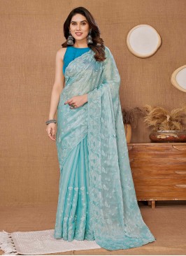 Fascinating Embroidered Silk Blue Saree