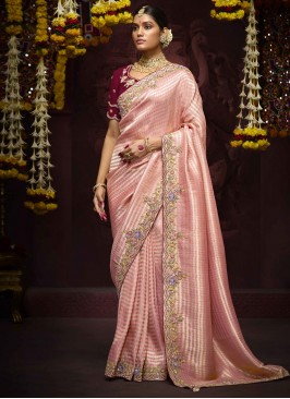 Fascinating Kanjivaram Silk Embroidered Rose Pink Contemporary Saree