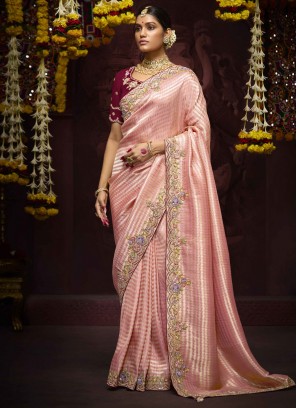 Fascinating Kanjivaram Silk Embroidered Rose Pink Contemporary Saree