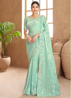 Fascinating Satin Embroidered Aqua Blue Traditional Saree