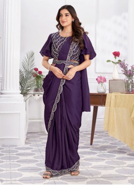Fascinating Satin Silk Purple Embroidered Traditional Saree