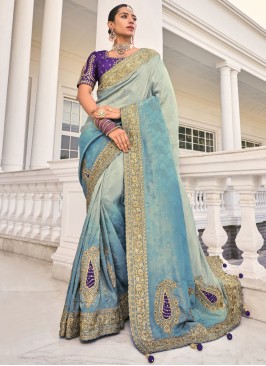 Fashionable Aqua Blue Crepe Jacquard Classic Saree