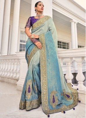 Fashionable Aqua Blue Crepe Jacquard Classic Saree