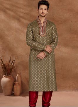 Fashionable Mehandi and Marron Men's Kurta Pajama 