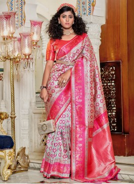 Fashionable Grey and Hot Pink Weaving Banarasi Sil