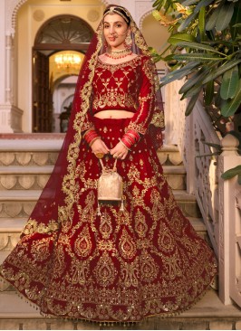 Fashionable Maroon Velvet Lehenga Choli